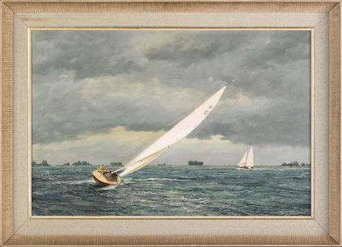 Oil on canvas seascape with sailboats
