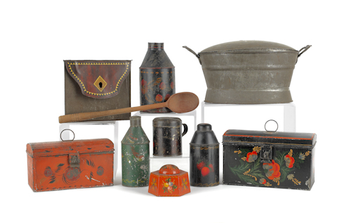 Collection of toleware to include caddies