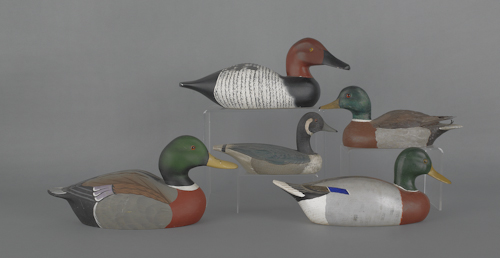 Five contemporary duck decoys to include