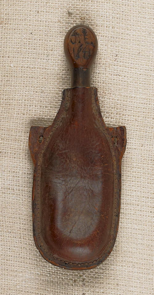Leather powder flask dated 1841
