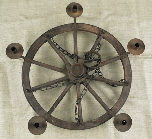 Iron and wood wagon wheel chandelier