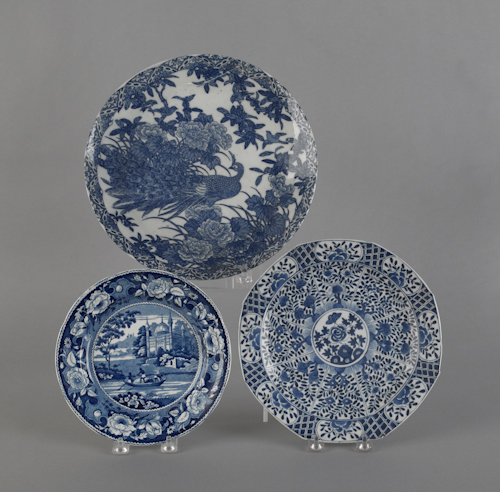 Three blue and white plates 19th