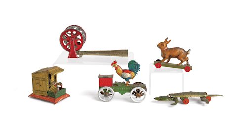 Five German tin lithograph penny toys