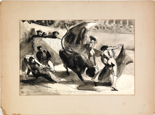 Watercolor gouache of a bullfight