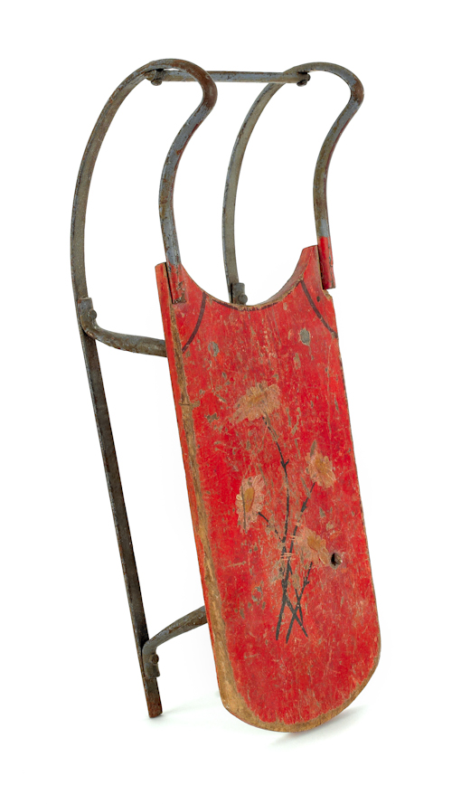 Painted pine doll's toy sled early