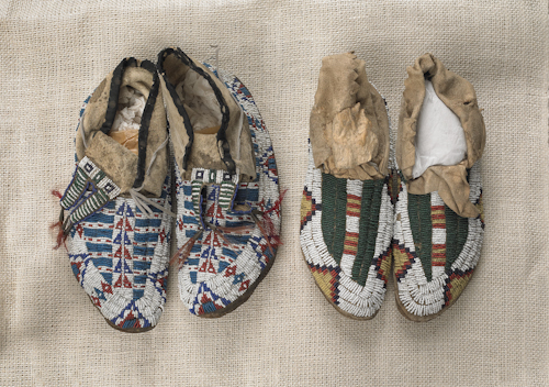 Two pair of Plains beaded hide moccasins