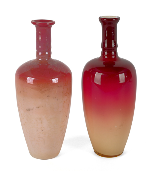 Two peach blow vases both 7 1 2  1754e0