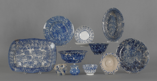 Twelve pieces of blue spongeware 19th