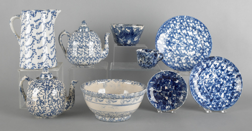 Nine pieces of blue decorated spongeware