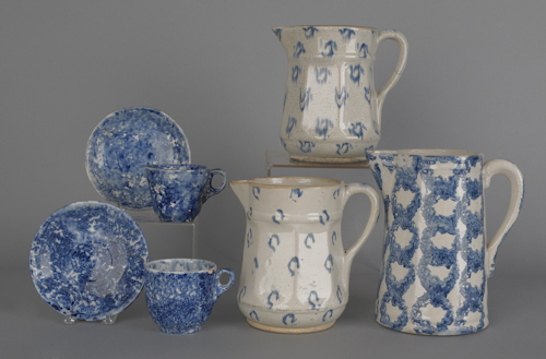 Three blue and white spongeware pitchers