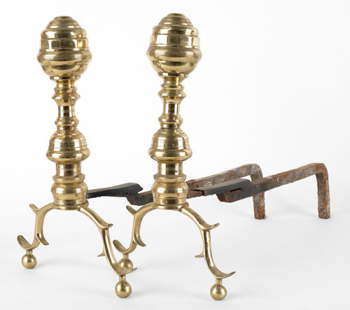 Pair of brass and iron andirons