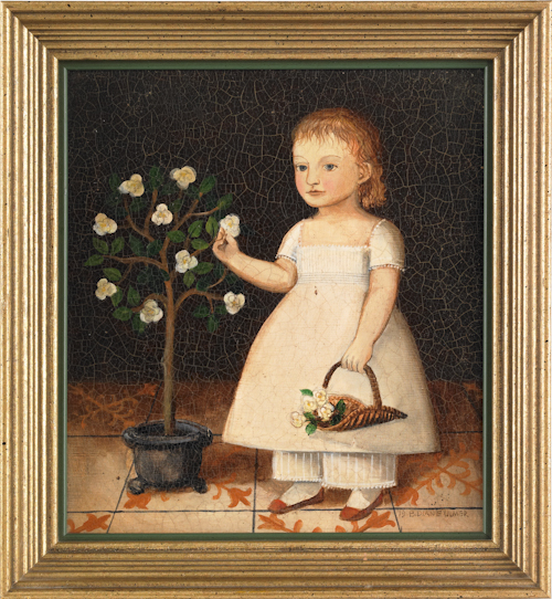 Oil on board of a young girl picking