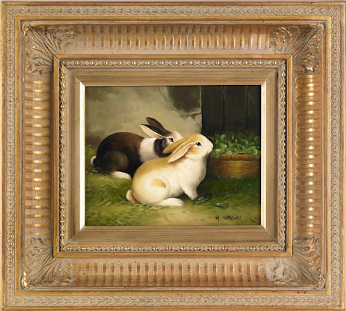 Oil on canvas of two rabbits 20th
