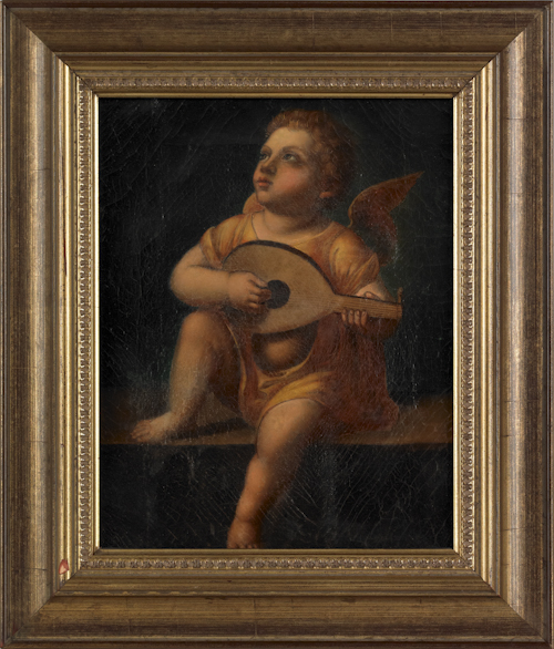 Oil on canvas of a cherub playing