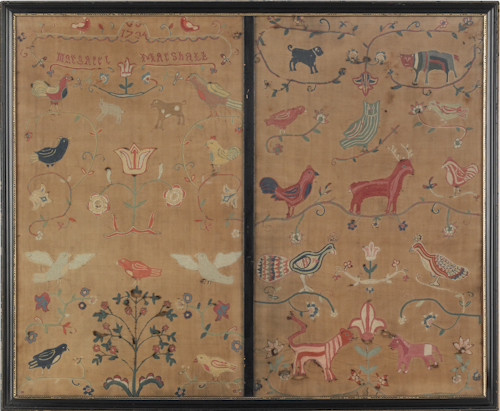 Pair of crewelwork panels dated 175612