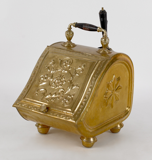 Embossed brass coal scuttle with scoop