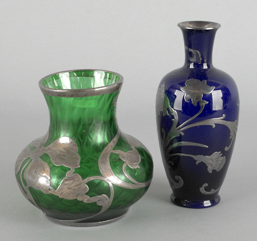 Two silver overlay art glass vases
