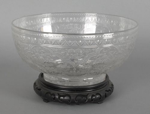 Large etched clear glass crystal bowl
