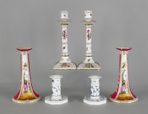 Three pairs of porcelain candlesticks