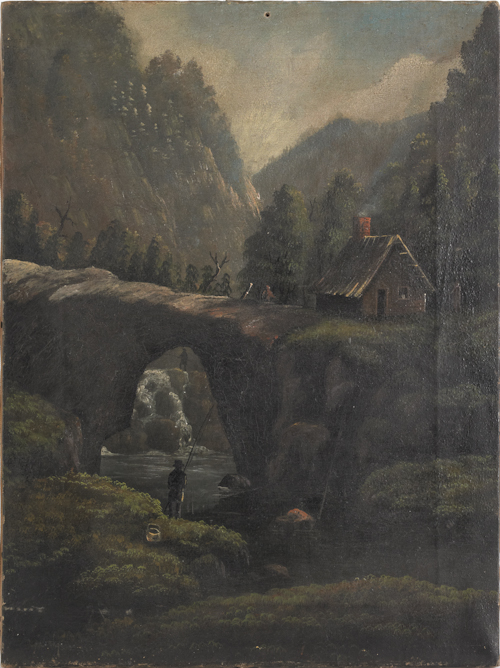 Oil on canvas landscape of fishermen 17576a