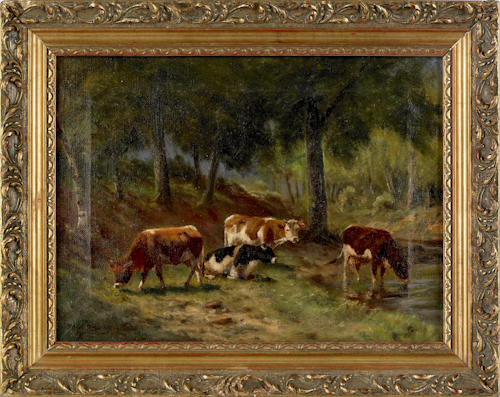 Oil on canvas landscape with cows