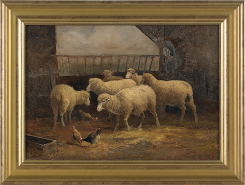 Oil on canvas barn yard scene of