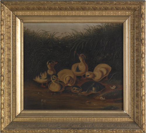 American oil on canvas of six ducklings