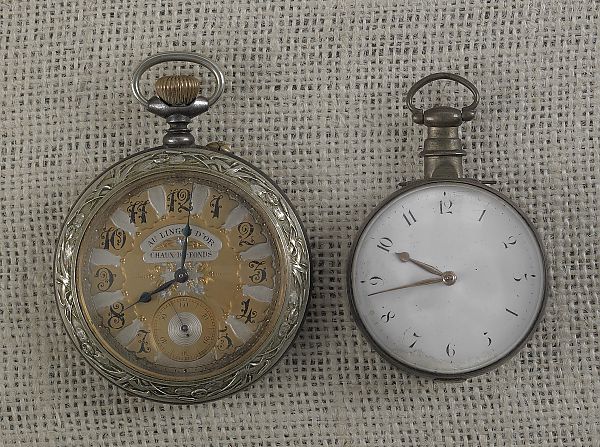 Two pocket watches one coin silver 175882