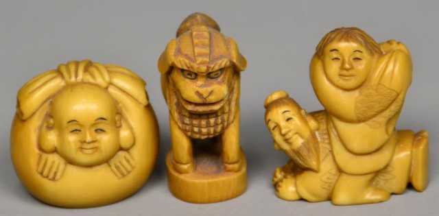  3 Japanese Carved Ivory NetsukeProbably 1736e4