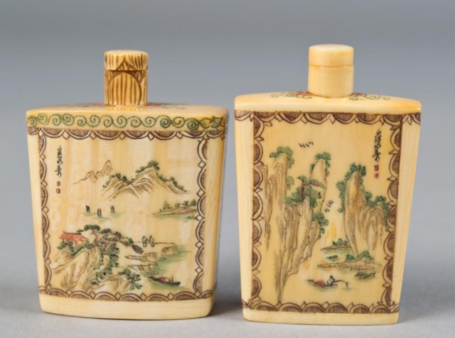 (2) Chinese Polychromed Ivory Snuff
