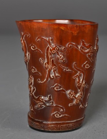 Chinese Carved Horn Cup DragonsFinely 17371f