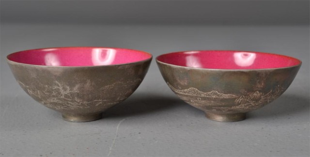Pair Chinese Porcelain Silver Bowls