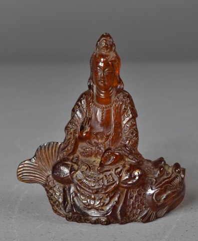Chinese Amber Carved Quan Yin on 17379c