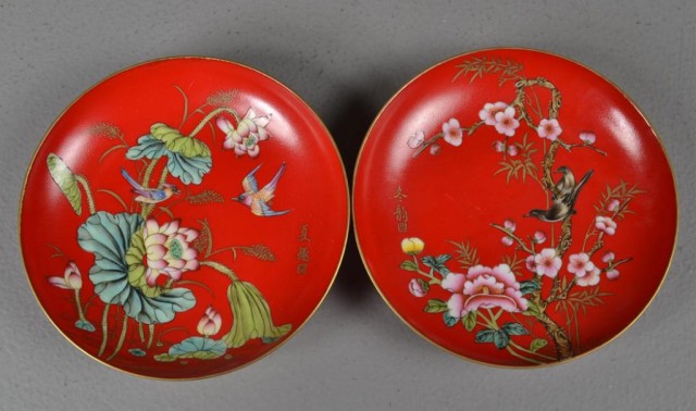 Pair Chinese Red Saucers with DecorationPair