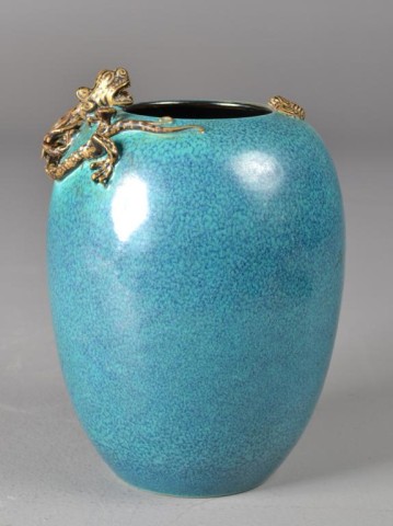 Chinese Teal Glazed Vase with DragonFinely