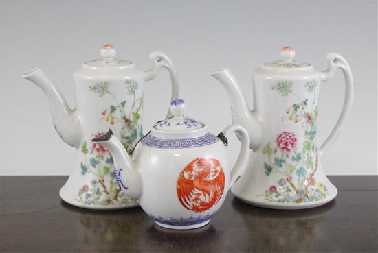 Three Chinese enamelled teapots