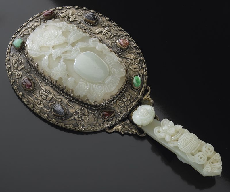 Chinese Qing silver mounted jade mirror.the