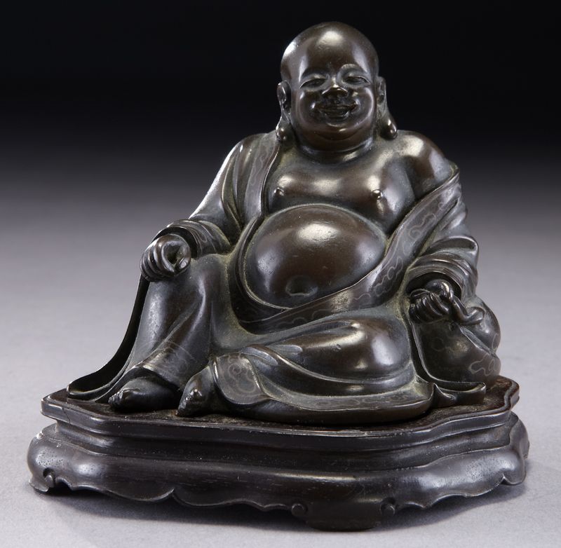 Chinese Qing silver inlaid bronze Maitreya