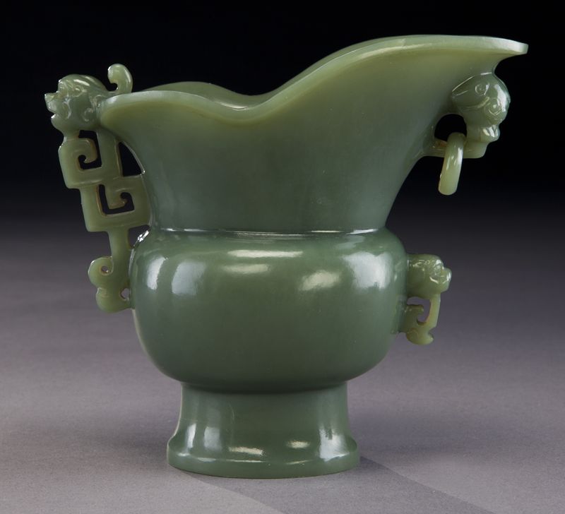 Chinese carved celadon jade Jue cup