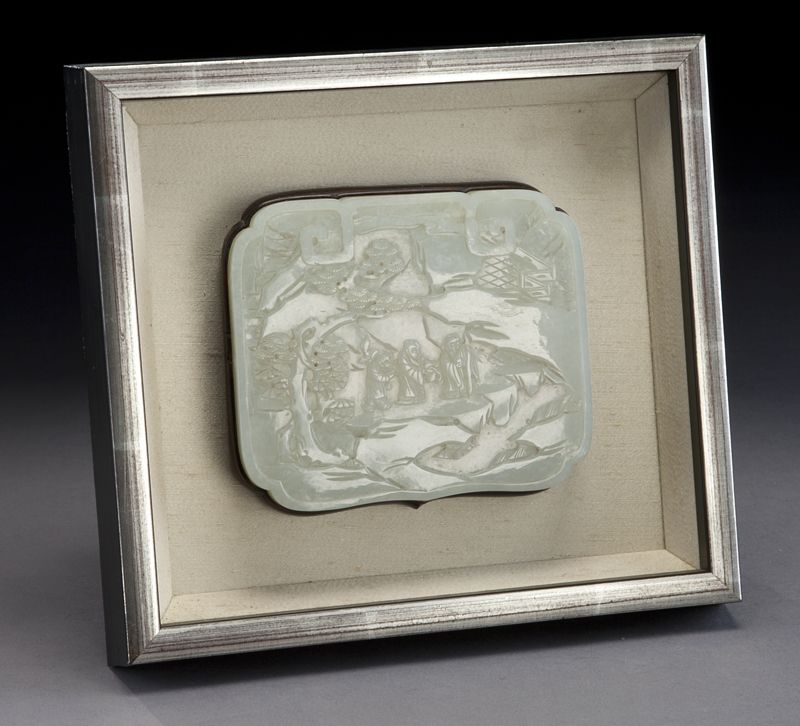 Chinese Qing framed carved jade