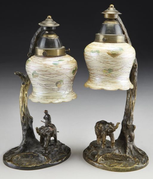 Pr Quezal bronze and glass lamps 173c6e