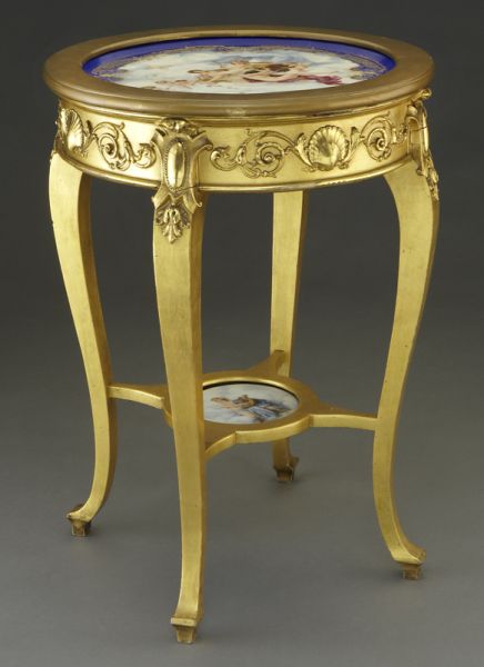 French gilt wood and Sevres style porcelain