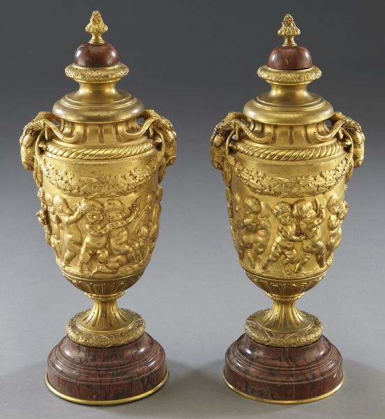 Pr. French bronze and rouge marble cassolettes