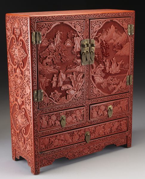 Chinese carved cinnabar table cabinetdepicting