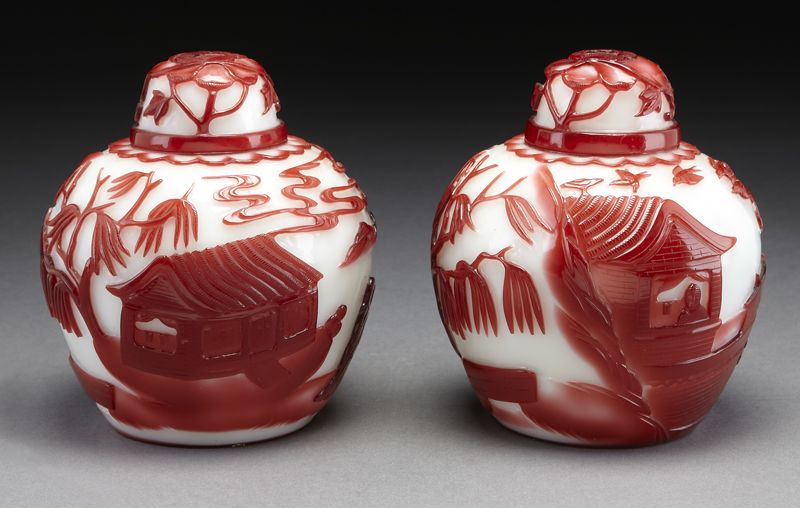 Pr. Chinese Peking glass red and white