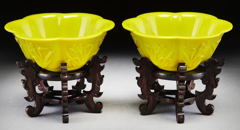 Pr. Chinese Peking glass lobed bowls