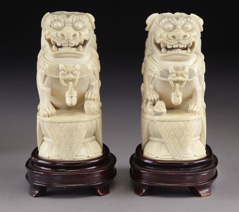 Pr Chinese carved ivory foo dogs 173e06