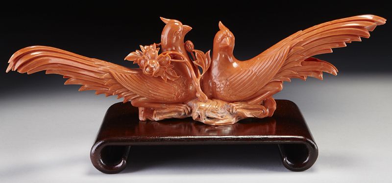 Chinese carved red coral pigeons