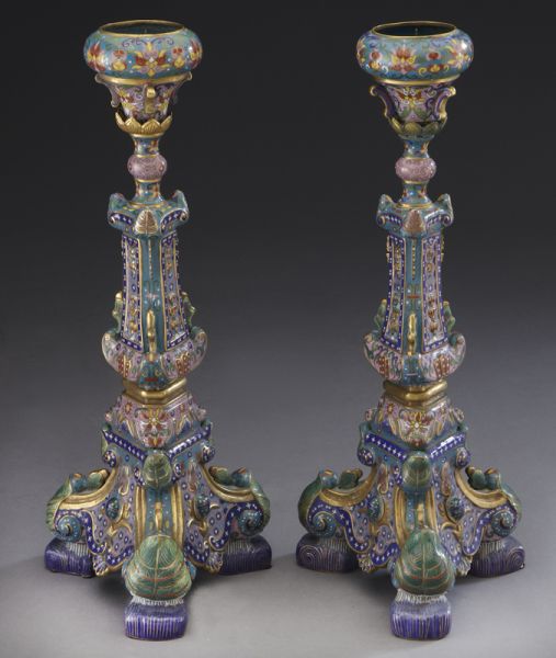 Pr Chinese cloisonne tripod candlesticksdepicting 173e4f