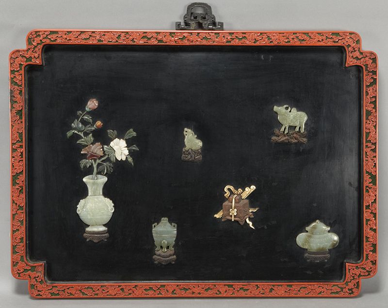 Chinese jade mounted cinnabar screen